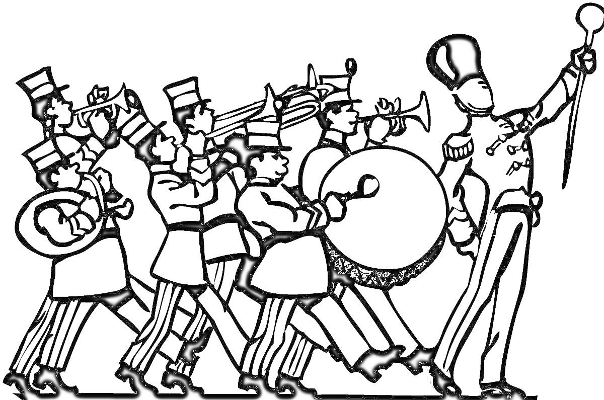На раскраске изображено: Марш, Оркестр, Музыка, Барабан, Барабанщик
