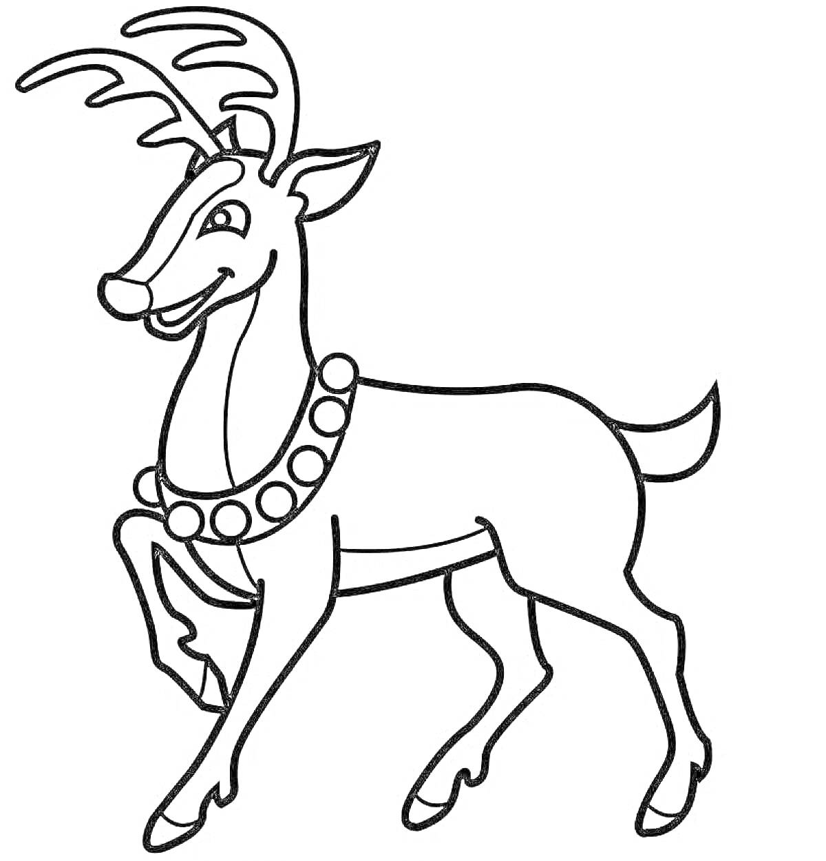Раскраска северный олень с рогами и ожерельем-поводком