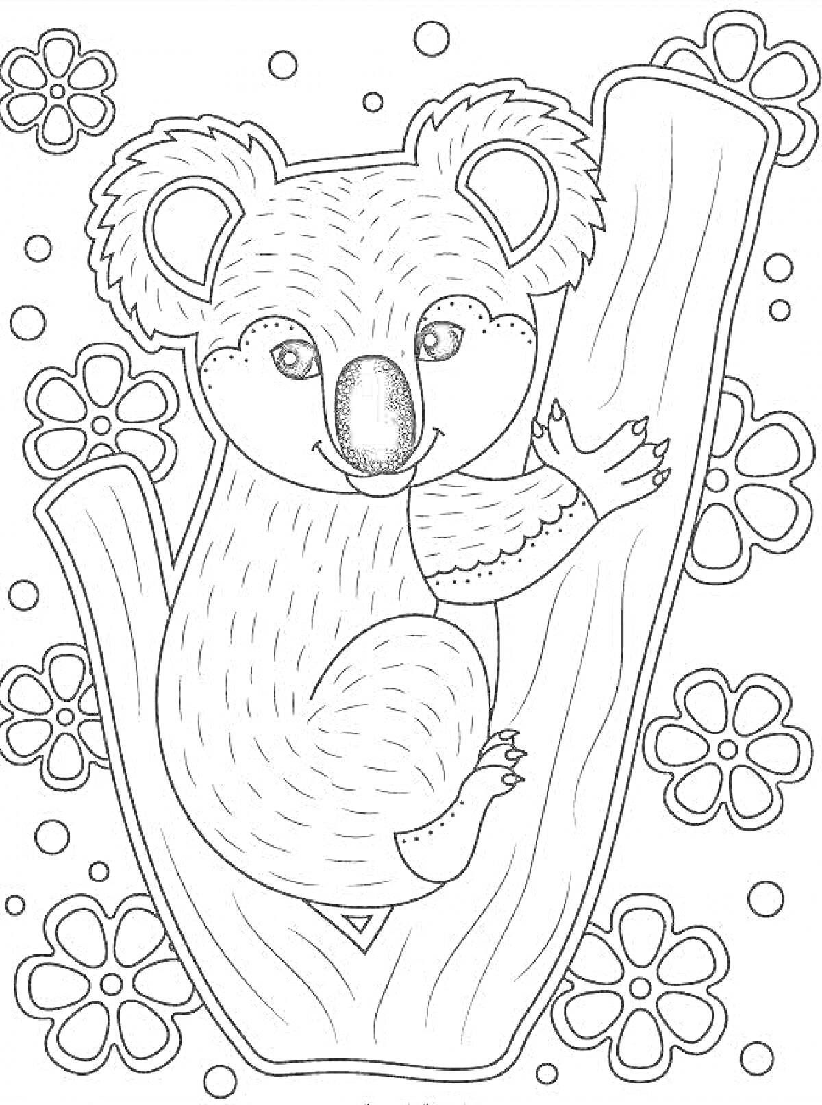 Раскраска коала на дереве с цветами и точками