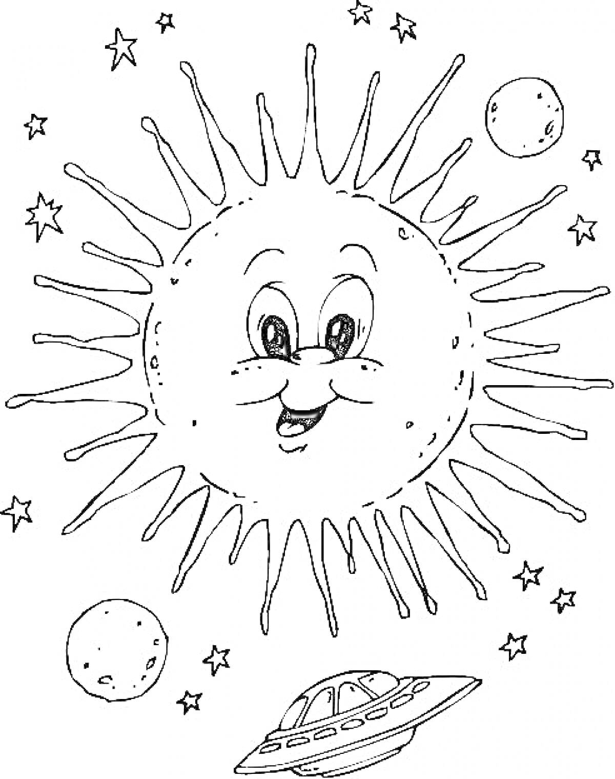Раскраска Улыбающееся Солнце с лучами, звезды, планеты и летающая тарелка