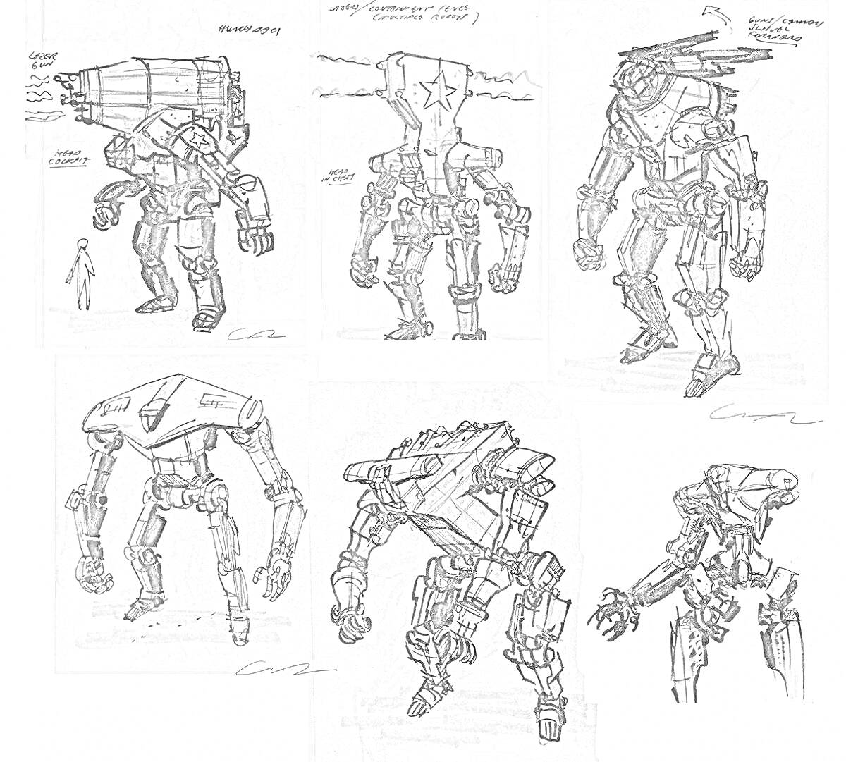 Роботы-титаны в различных позах с оружием и датчиками, эскизы