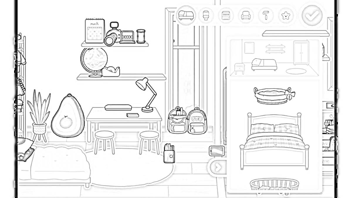 На раскраске изображено: Комната, Стол, Растения, Окна, Полки, Лампа, Постельное белье, Игрушки, Мебель