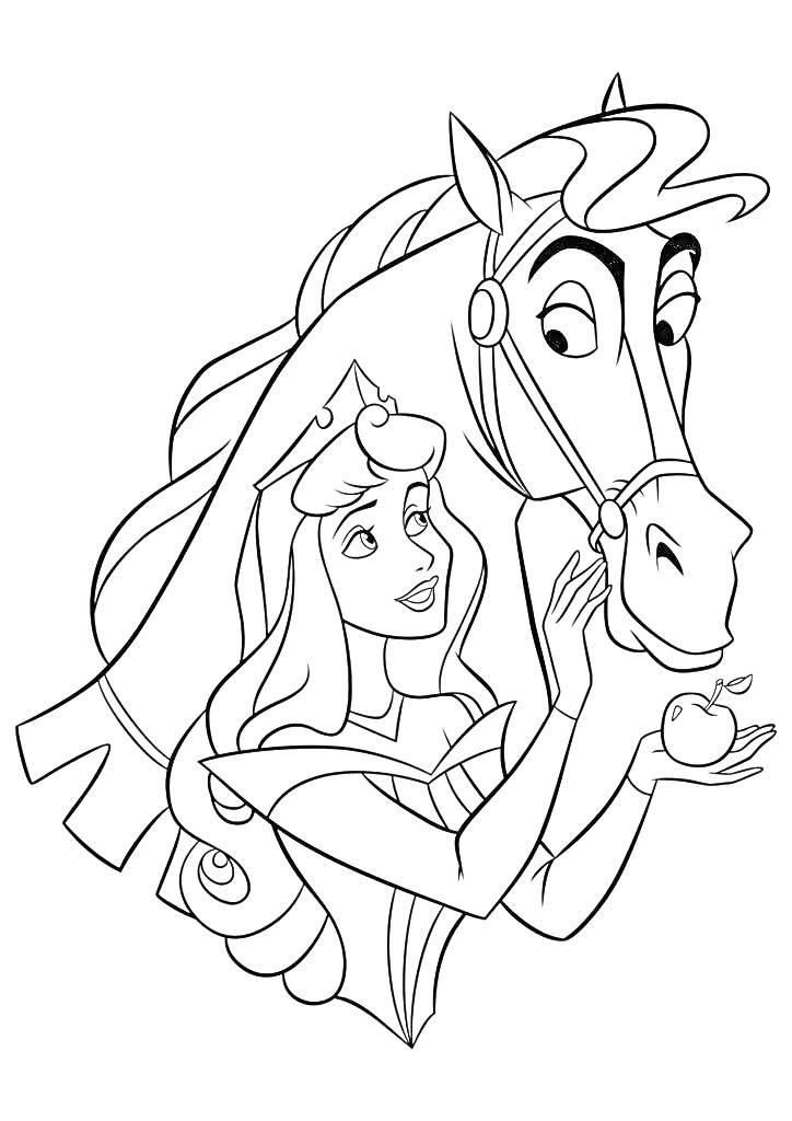 Раскраска Принцесса Аврора с длинными волосами и короной, держащая яблоко перед лошадью с большими глазами