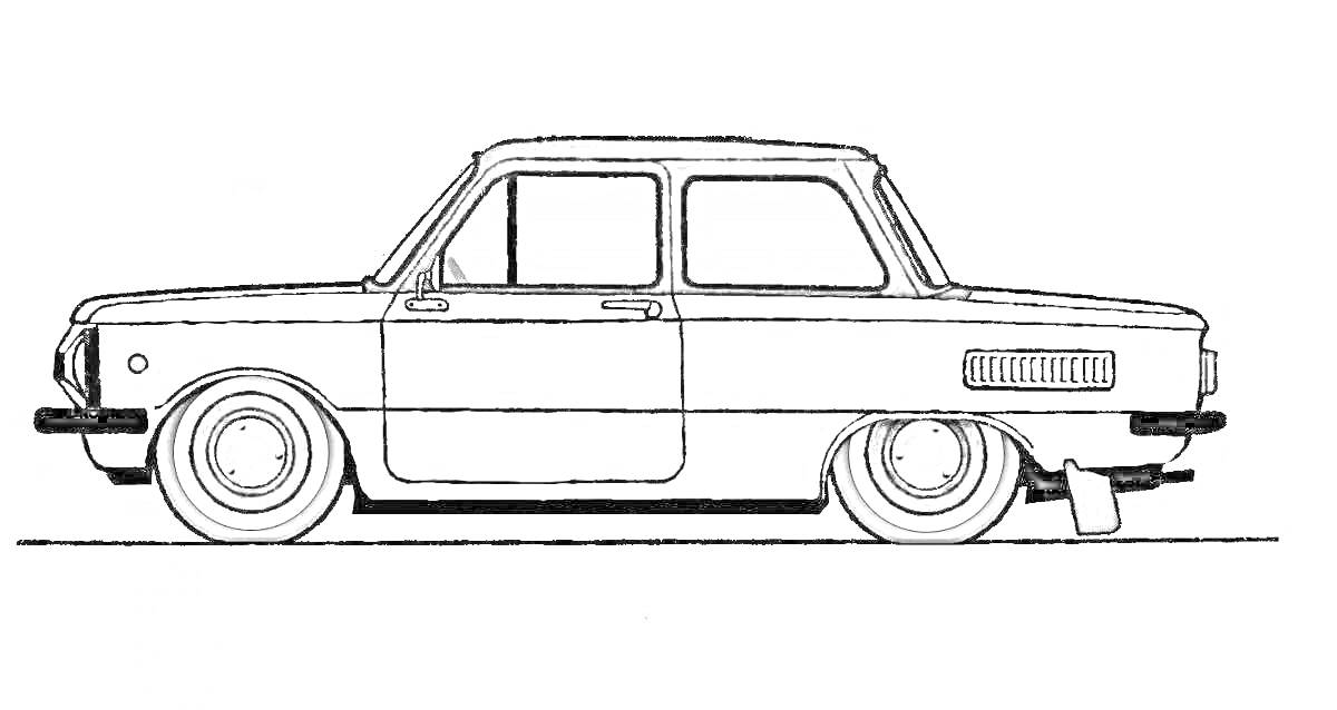 Раскраска Запорожец, черно-белый рисунок автомобиля с боковой стороны, видны переднее и заднее колеса, дверь, окна, дверная ручка и задняя часть автомобиля с вентиляционной решеткой