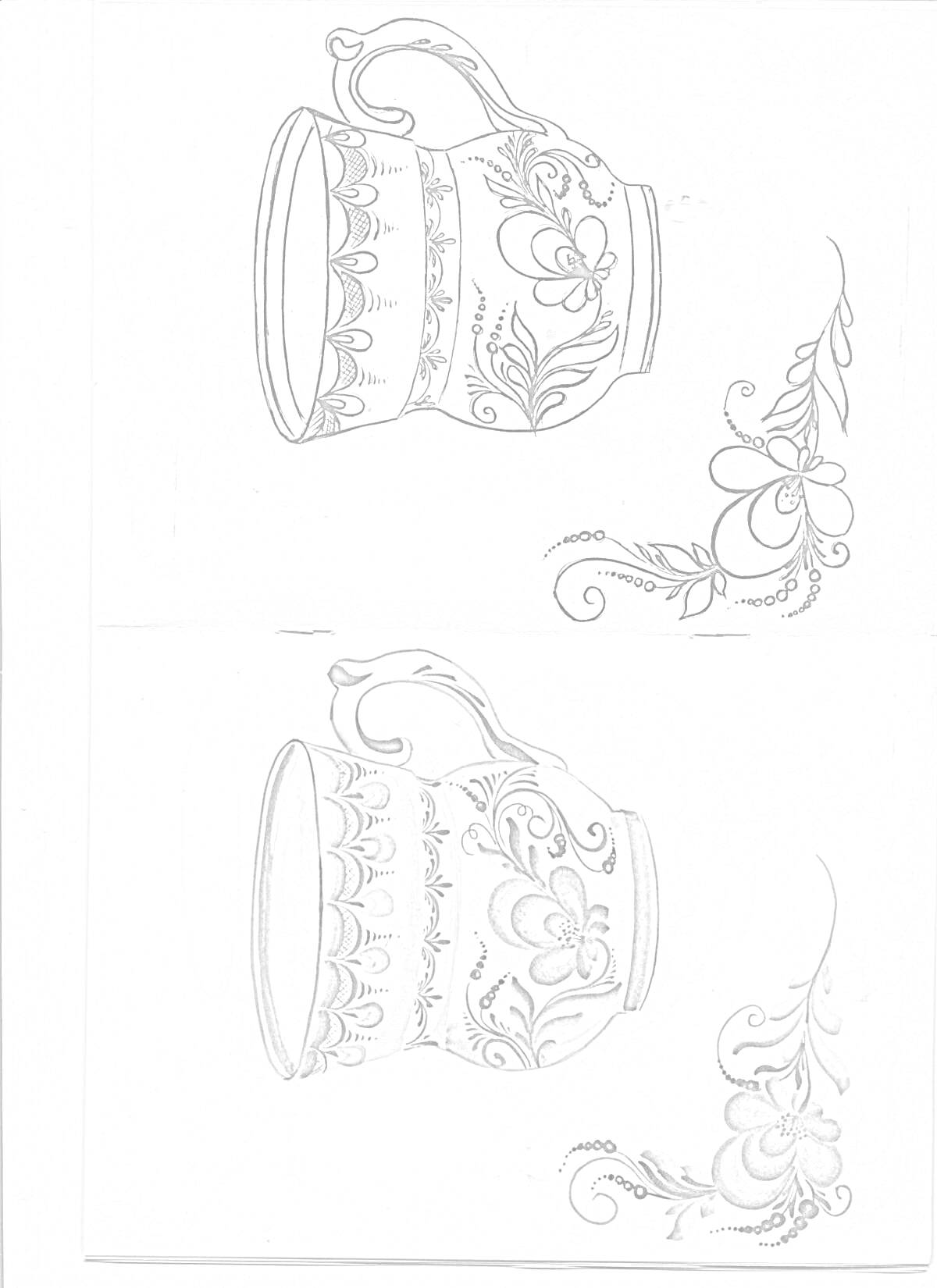 Раскраска Кувшин в стиле гжель с цветочным орнаментом и листочками