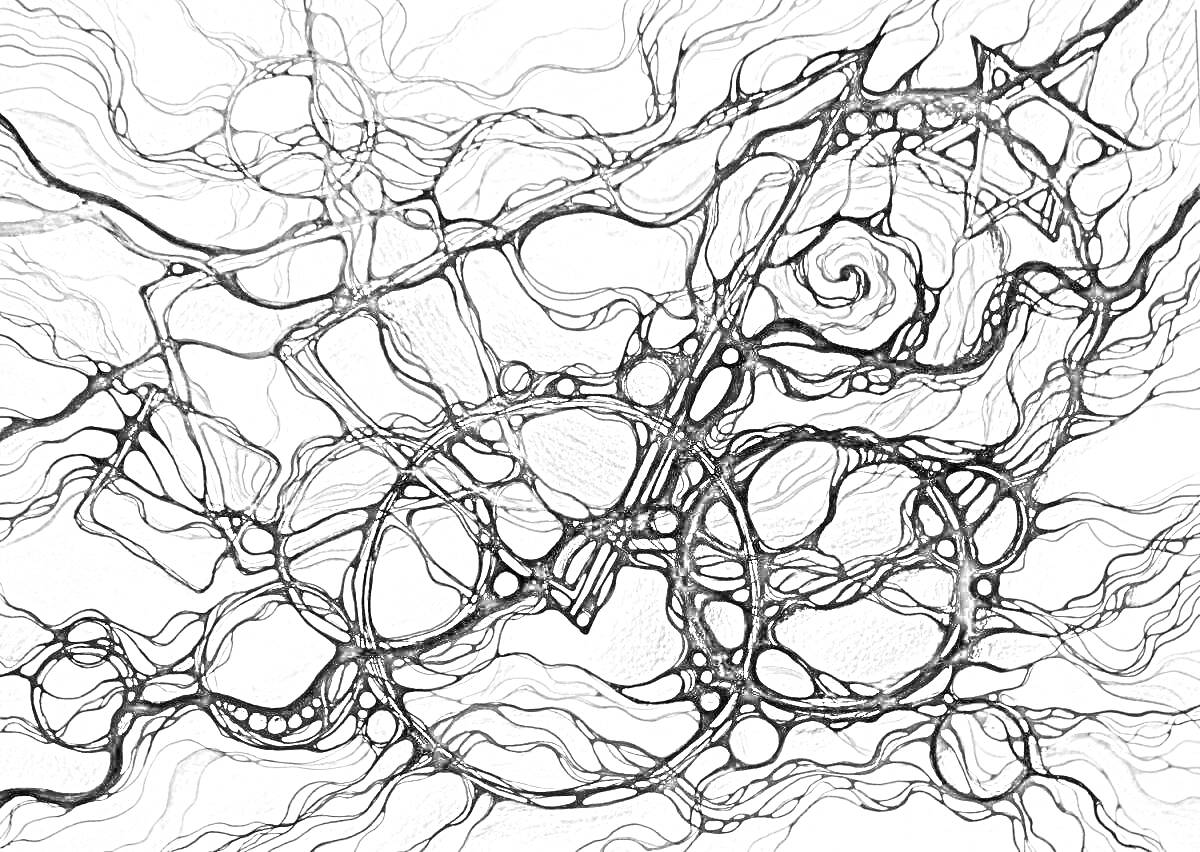 Раскраска Абстрактная нейрографика с кругами и линиями, слияние цветов в различных формах и спираль в центре