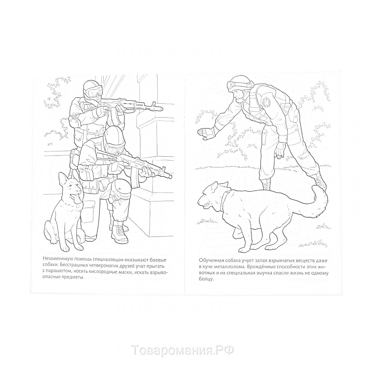 РаскраскаСпецназ с собаками в различных операциях: бойцы с оружием и собакой, солдат с собакой, обучающей командам