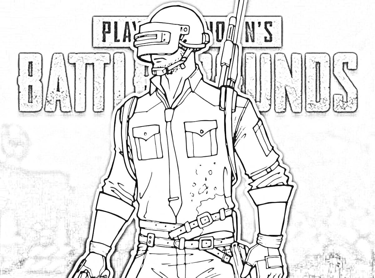 Раскраска Персонаж PUBG Mobile в шлеме и с оружием на фоне логотипа игры