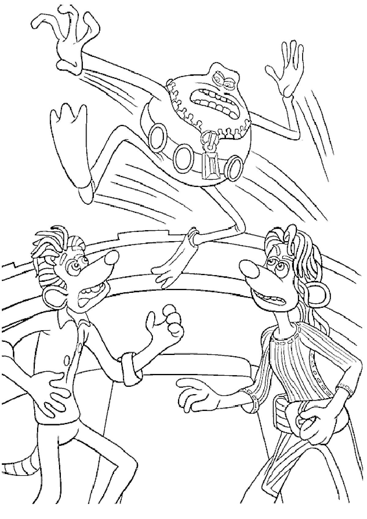 Три мультяшных персонажа: один прыгает, двое внизу поднимают руки в удивлении