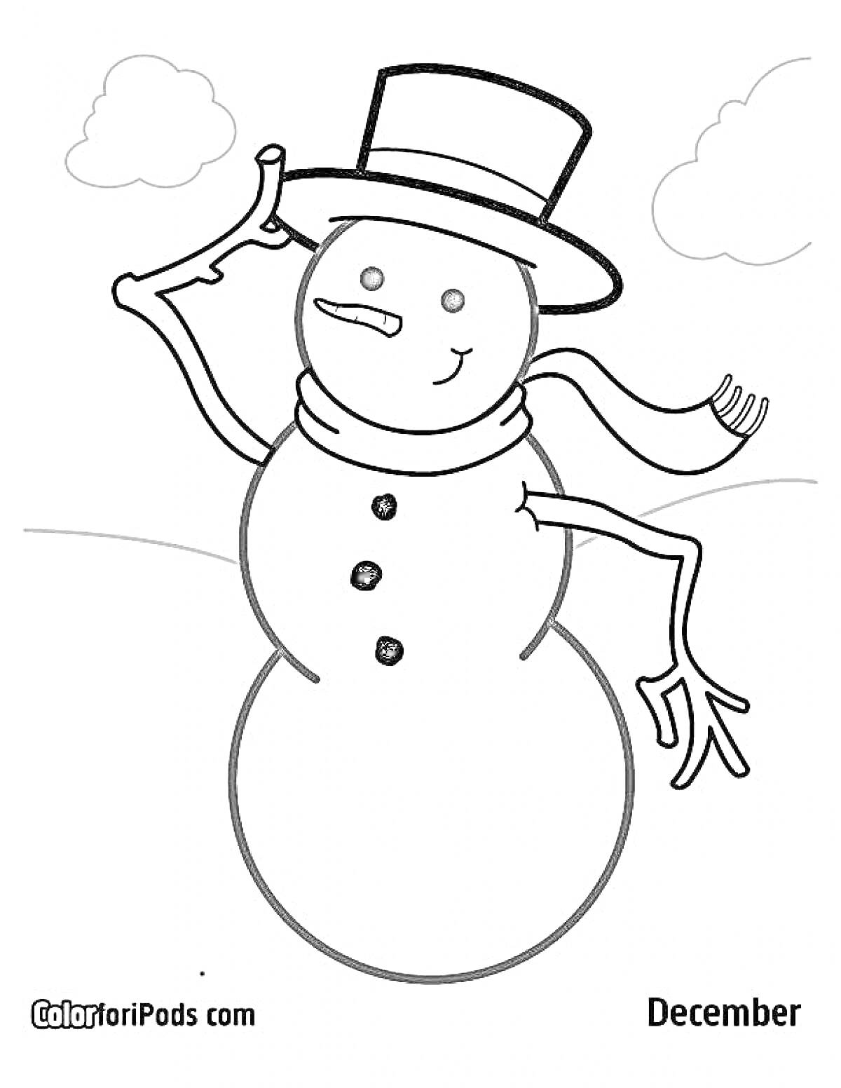 Раскраска Снеговик в шляпе с шарфом на фоне облаков