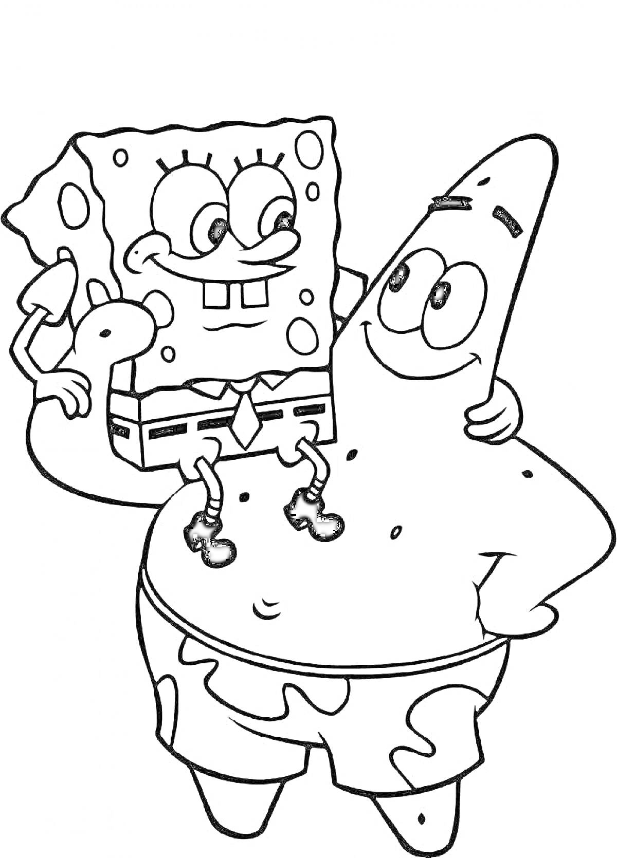 Раскраска Спанч Боб держит Спасательный круг и его друг Патрик в шортах с камуфляжным узором