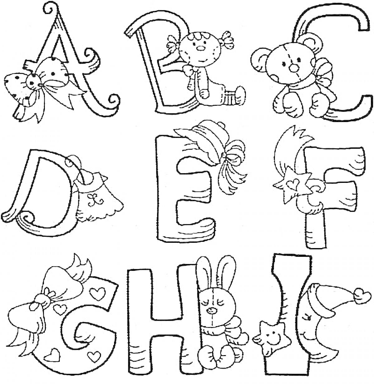 На раскраске изображено: Буквы, Игрушки, Кролик, Колокольчик, Листья, Животные, Бант, Клоуны, Кот, Медведь, Мышь