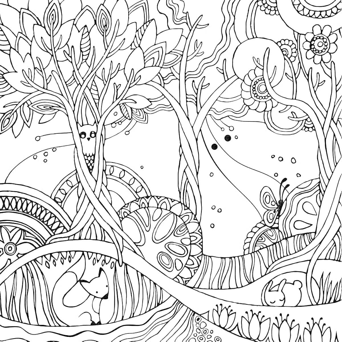 На раскраске изображено: Сказочный лес, Деревья, Цветы, Грибы, Бабочка, Лиса, Природа, Фантазия