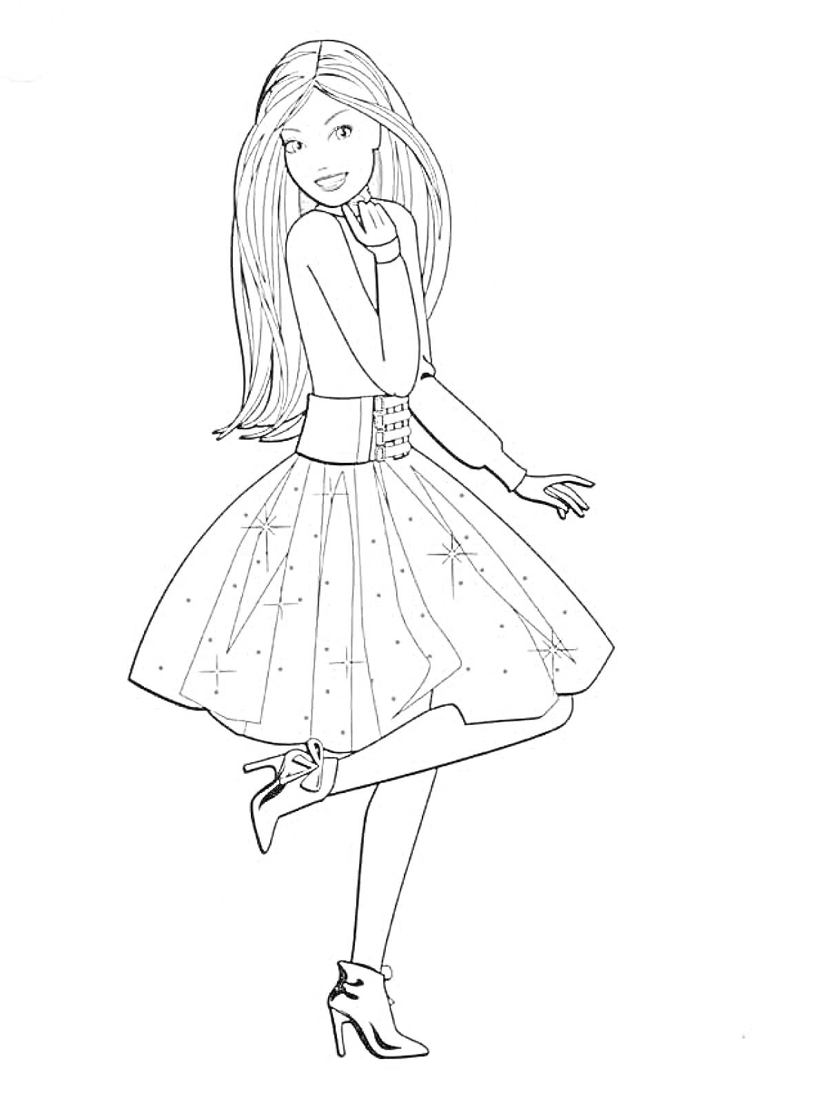 Раскраска Девушка-модница с длинными волосами в блестящем платье и на каблуках