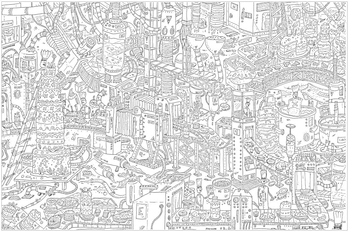 Раскраска Городская панорама с множеством зданий, дорожно-транспортной системой, реками, мостами, парками, лодками, автомобилями и фигурами людей