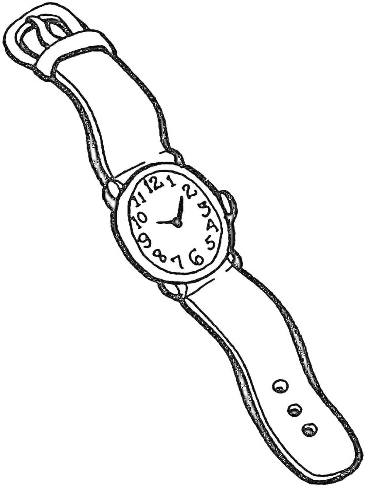 Раскраска Наручные часы с круглым циферблатом и ремешком с пряжкой