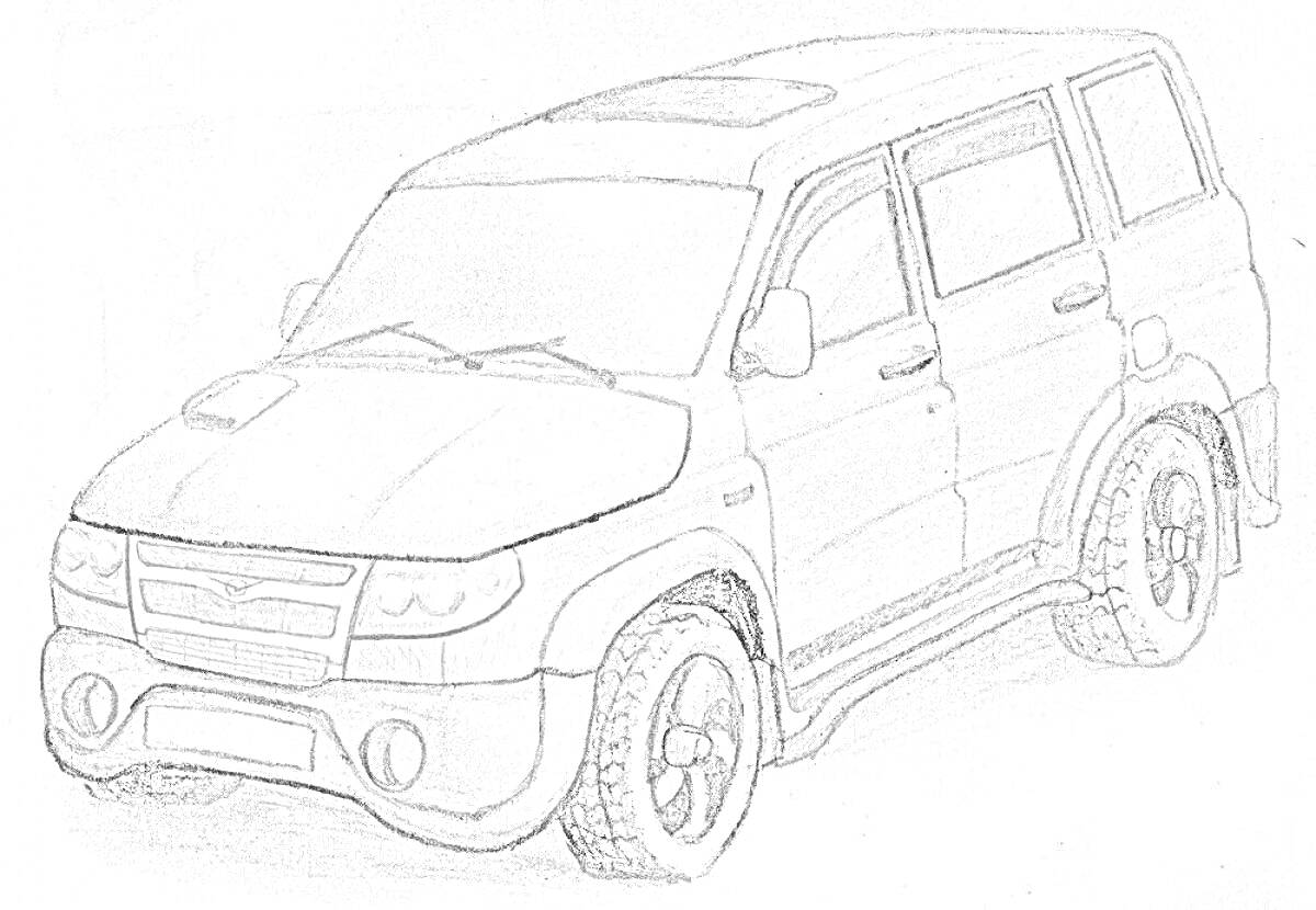 Раскраска Автомобиль УАЗ Патриот с деталями кузова, колёсами и окном на крыше