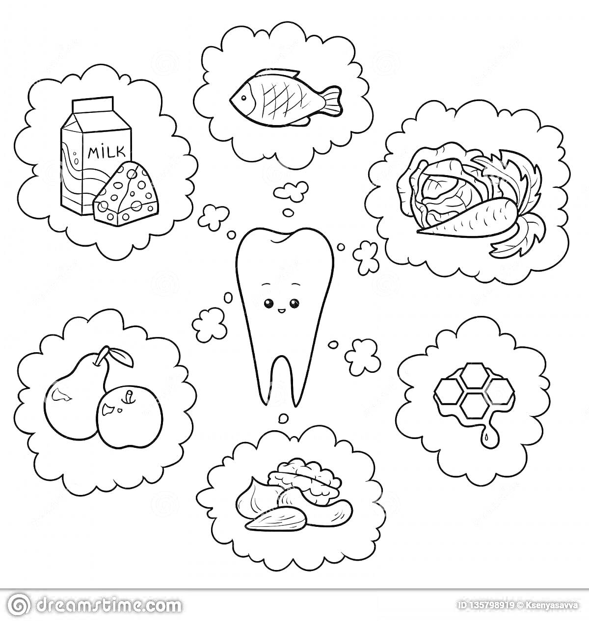 Раскраска польза для зубов - молоко и сыр, рыба, овощи, груша и яблоко, мед, орехи и сыр