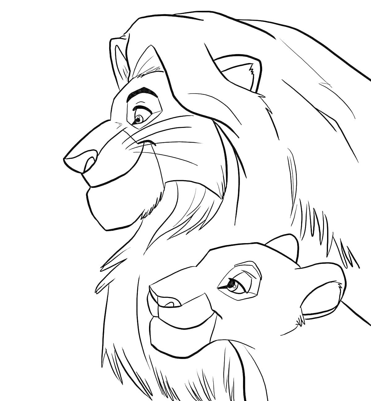 На раскраске изображено: Симба, Нала, Король лев, Львы, Животные