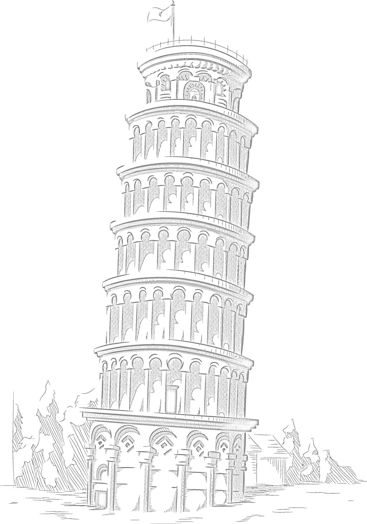 На раскраске изображено: Пизанская башня, Архитектура, Италия, Природа