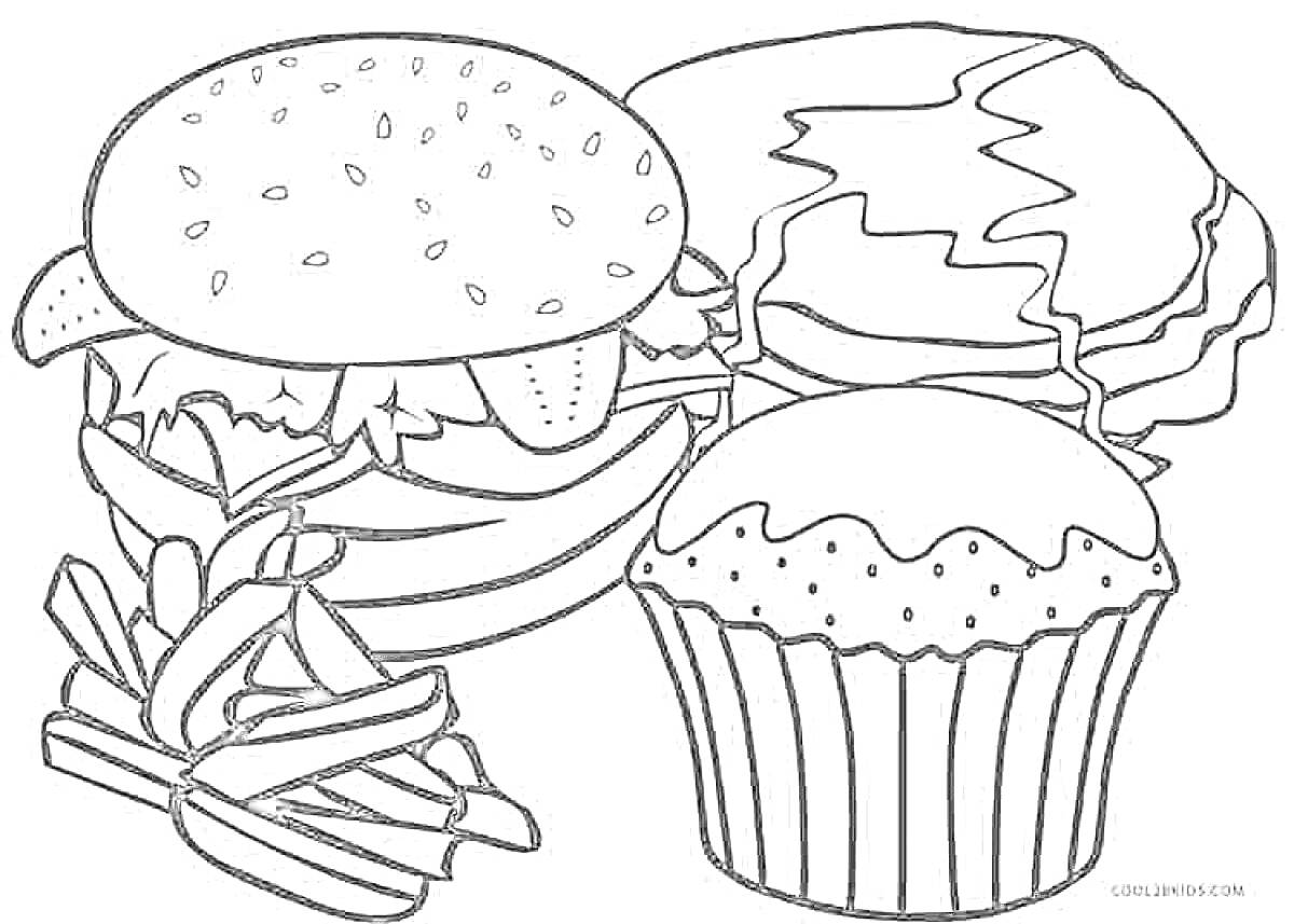 Раскраска Гамбургер, картофель фри, маффин и блин