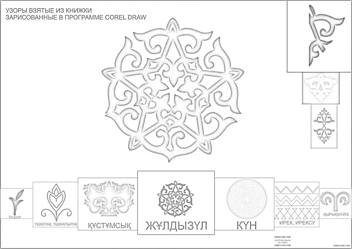 Раскраска Ою өрнектер, в центре зведа, рядом другие узоры и надписи