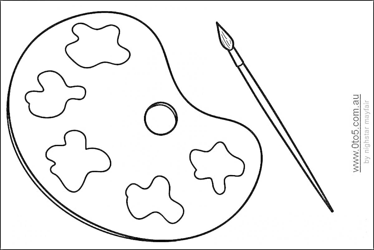 На раскраске изображено: Палитра, Краски, Инструменты для рисования