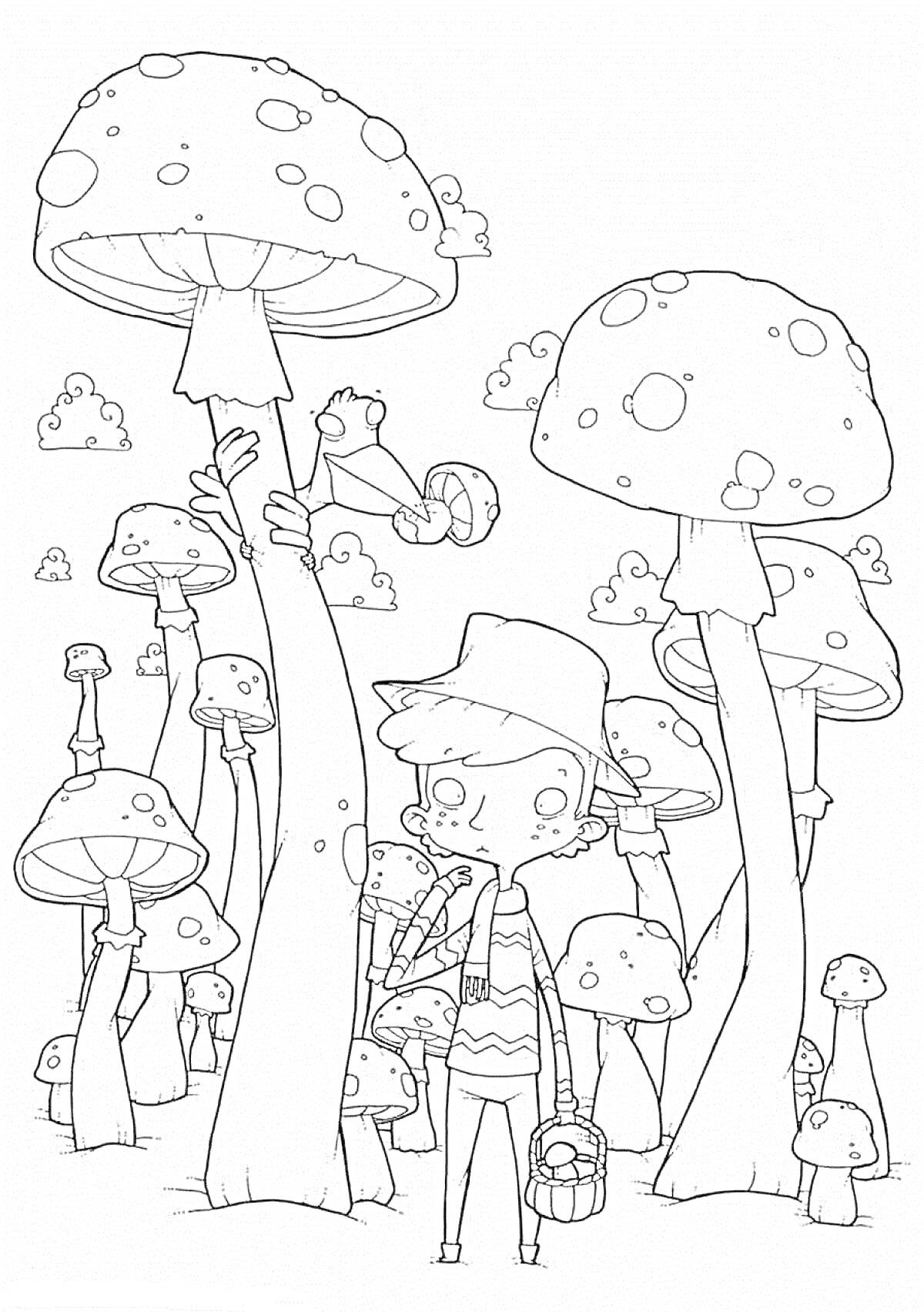 Раскраска Мальчик в шляпе среди огромных грибов с птичкой на вершине одного из грибов