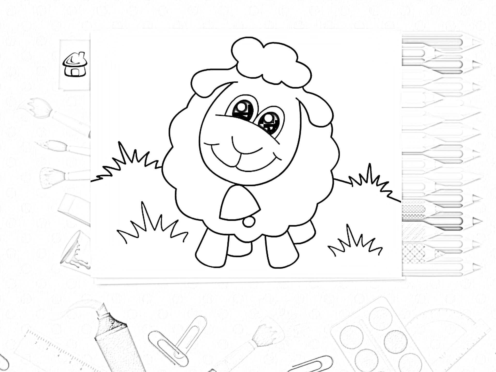 Раскраска с овечкой на лугу с цветными карандашами, ножницами, скрепками, водяными красками и кистью на столе