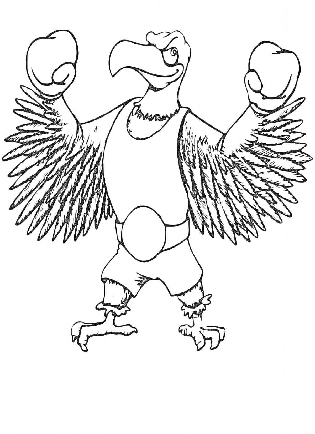 На раскраске изображено: Орел, Боксер, Спортивная форма, Перчатки, Птица, Для детей