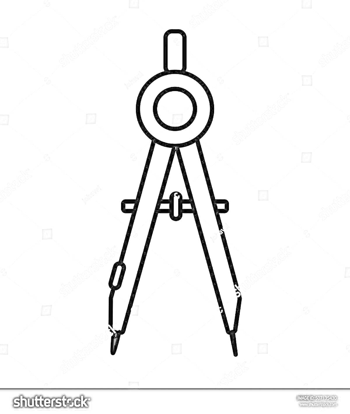 Раскраска Чертежный циркуль с прямыми ножками, закрытым кругом в верхней части и фиксатором на средней линии