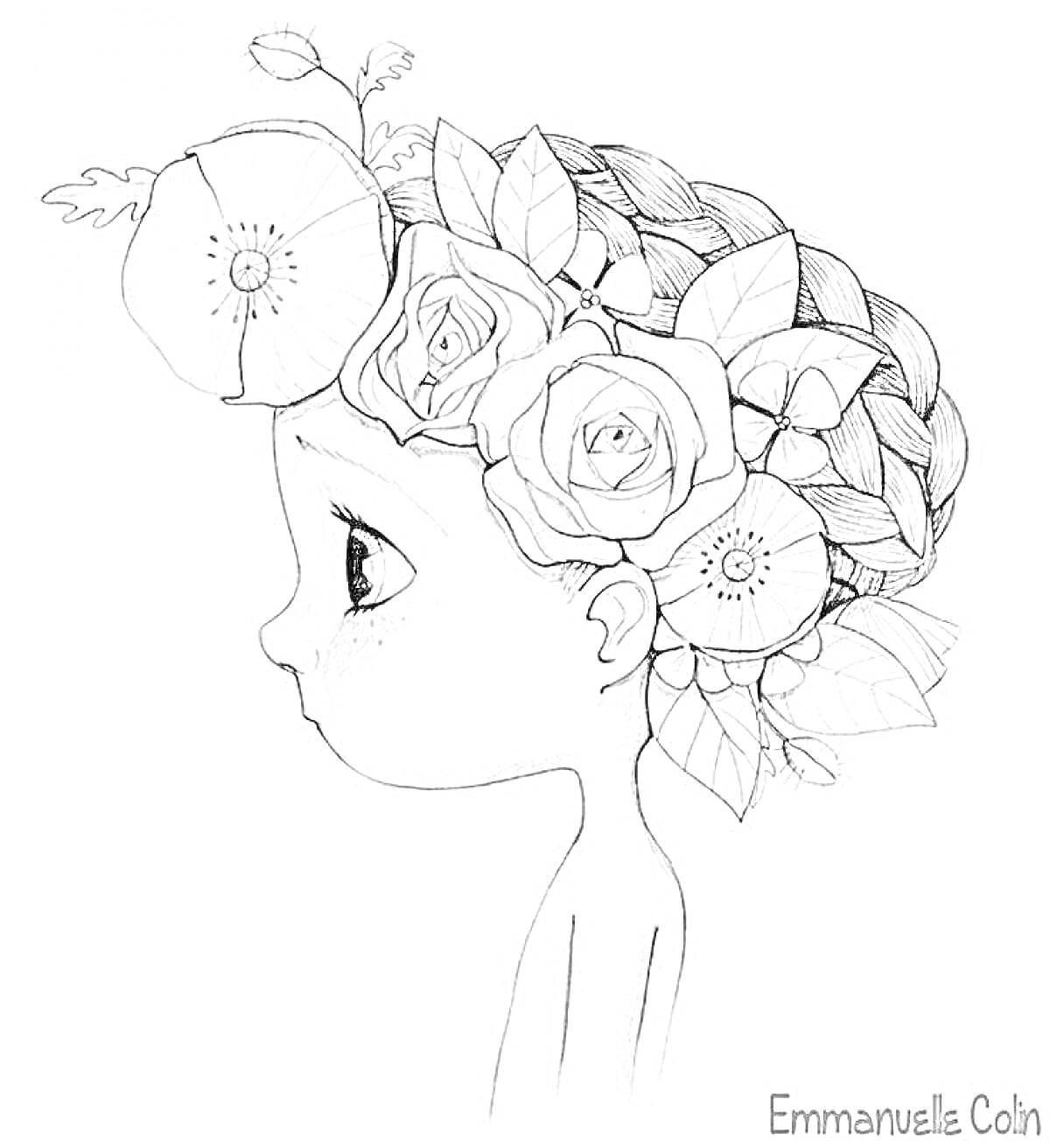 Раскраска Девочка в профиль с плетеной прической и цветами (маки и розы)