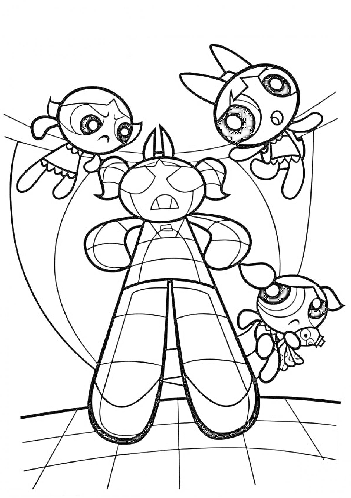 Суперкрошки атакуют огромного робота, трое девочек-супергероев в воздухе вокруг робота, робот в центре изображения с круговыми линиями сзади