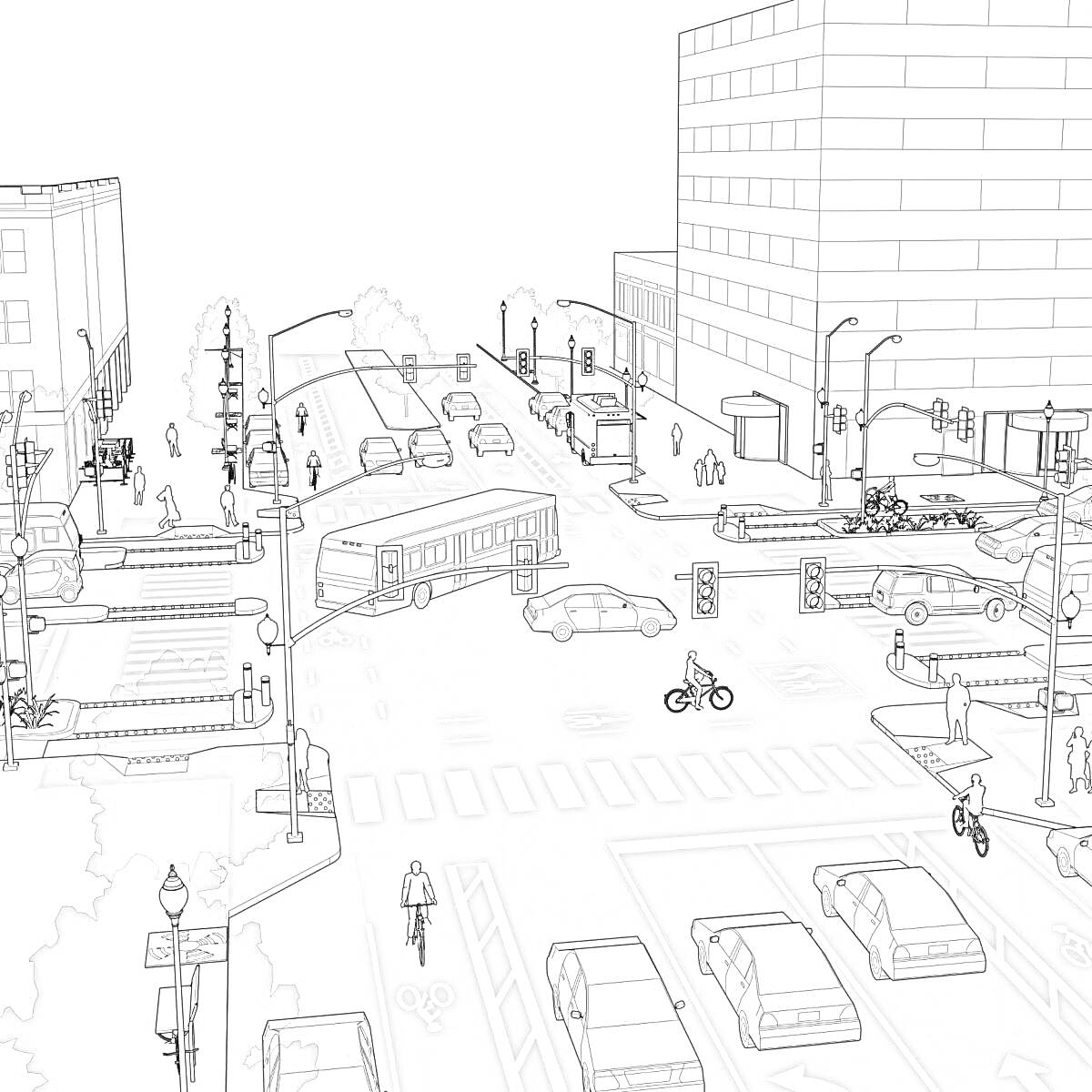 На раскраске изображено: Перекресток, Пешеходы, Велосипедисты, Здания, Дороги, Транспорт