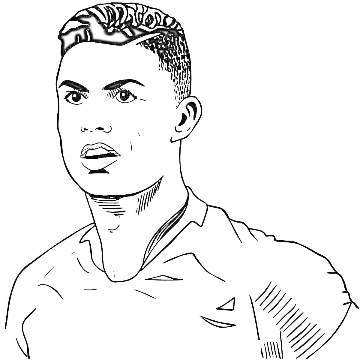 На раскраске изображено: Человек, Футболист, Футбол, Спортивная форма, Короткие волосы, Лицо