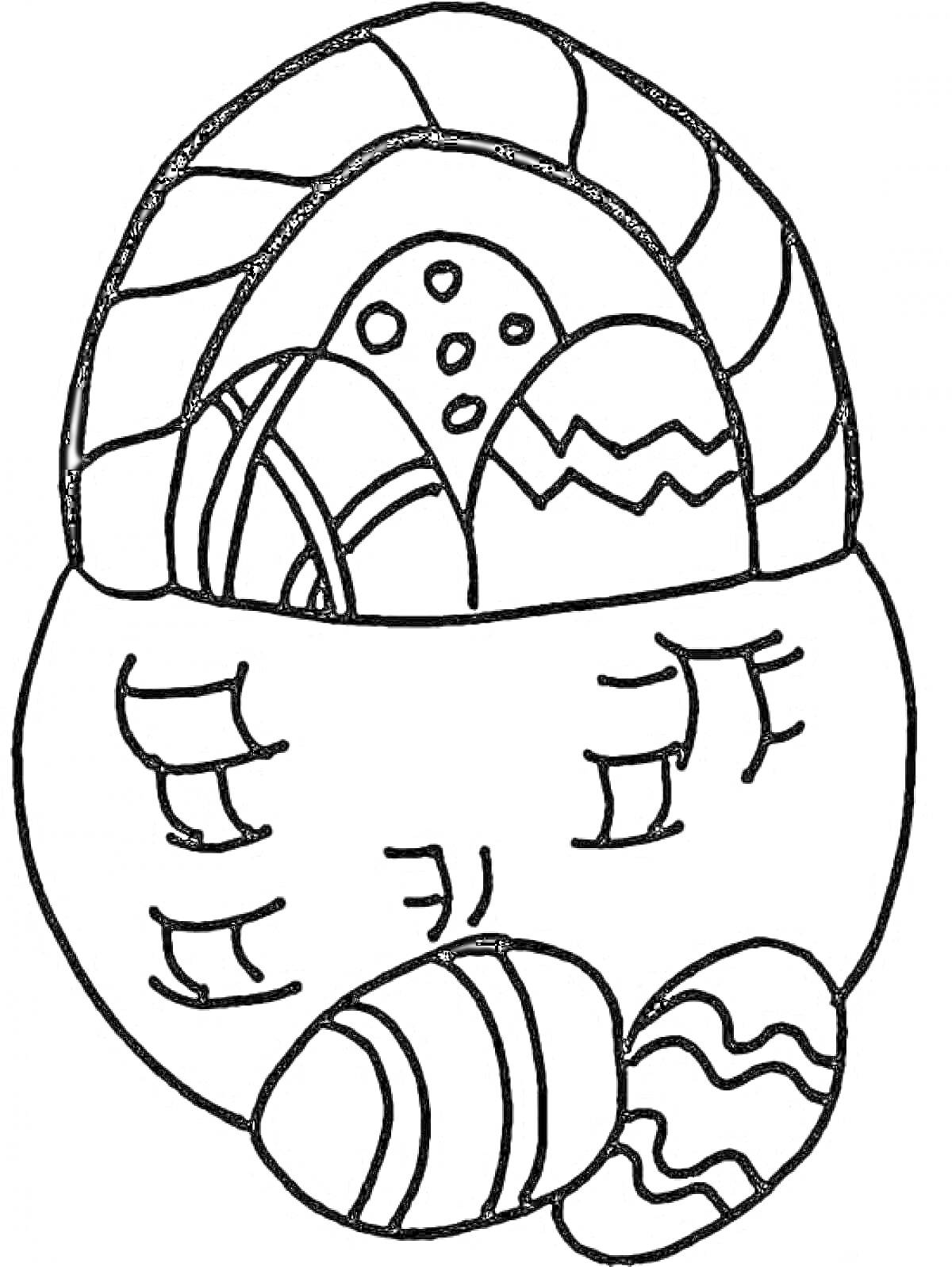 Раскраска Плетеная корзина с пасхальными яйцами, украшенными узорами