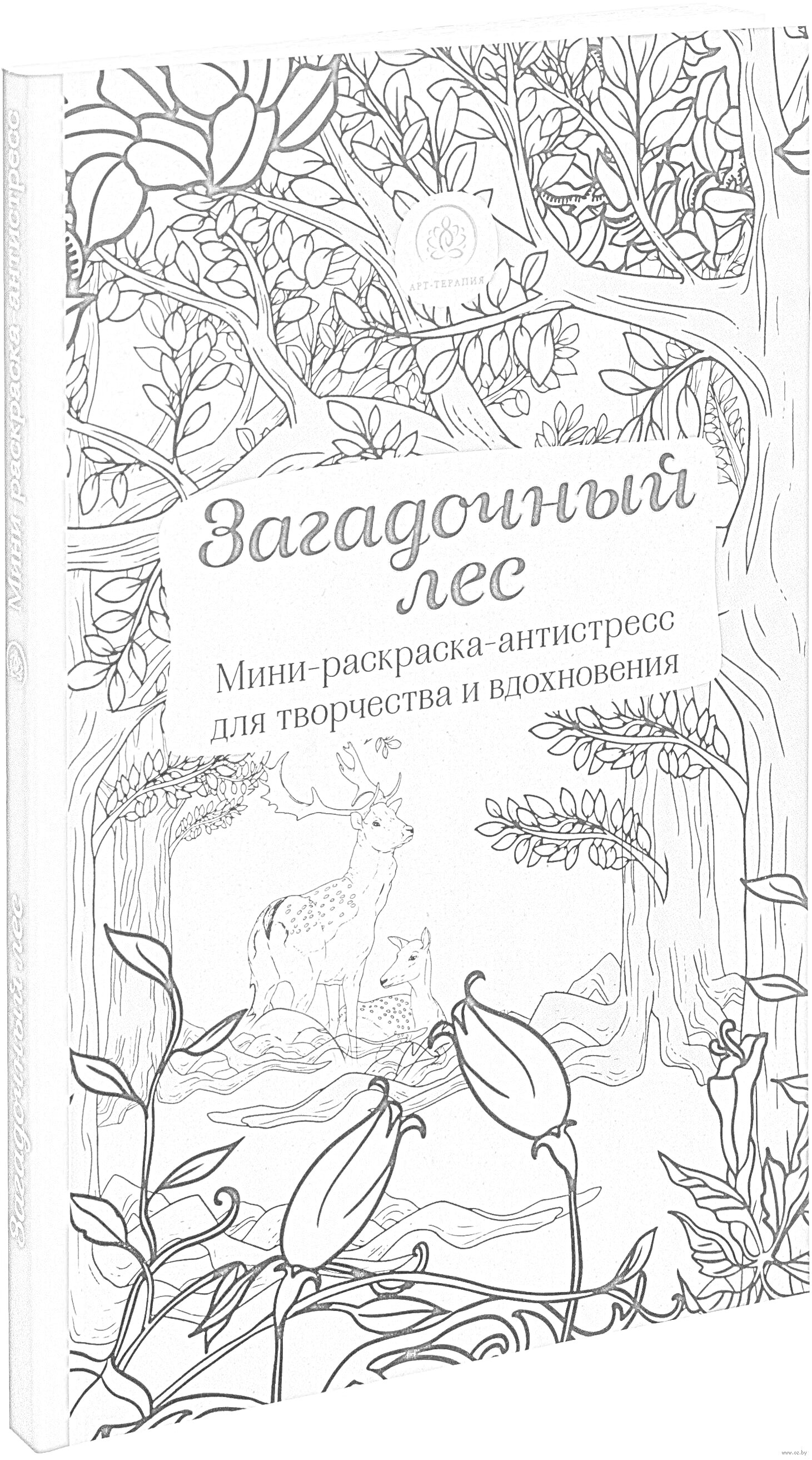 Раскраска Загадочный лес. Мини-раскраска-антистресс для творчества и вдохновения. Деревья, олень, лесные растения, цветы, бутоны, птица на дереве.