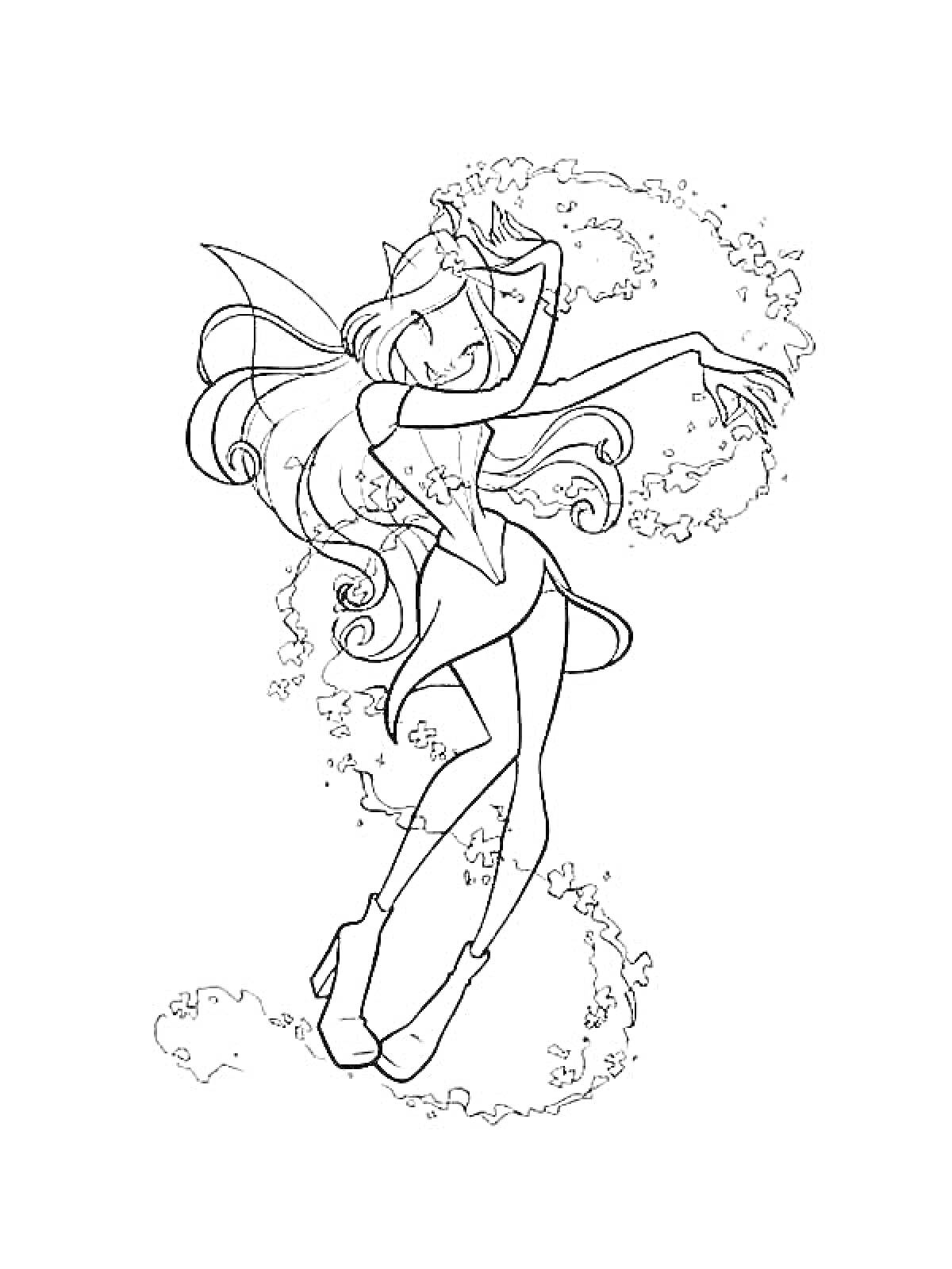 Раскраска Винкс Флора в магическом танце с цветами