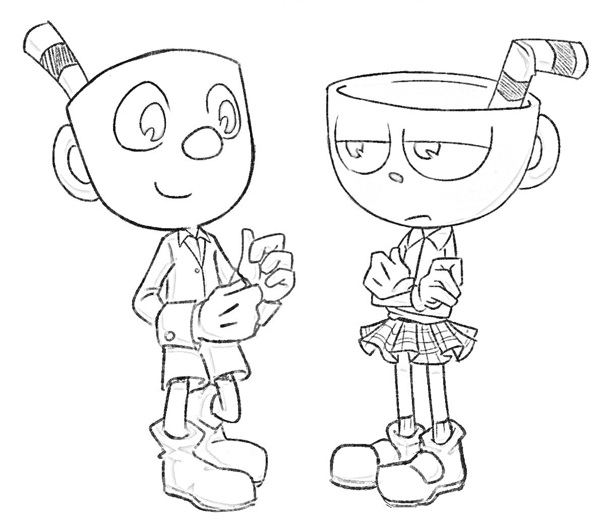 Раскраска Два персонажа Капхед с трубочками, стоящие рядом, один улыбается и держит руки перед собой, другой скрестив руки и выглядит скучающим