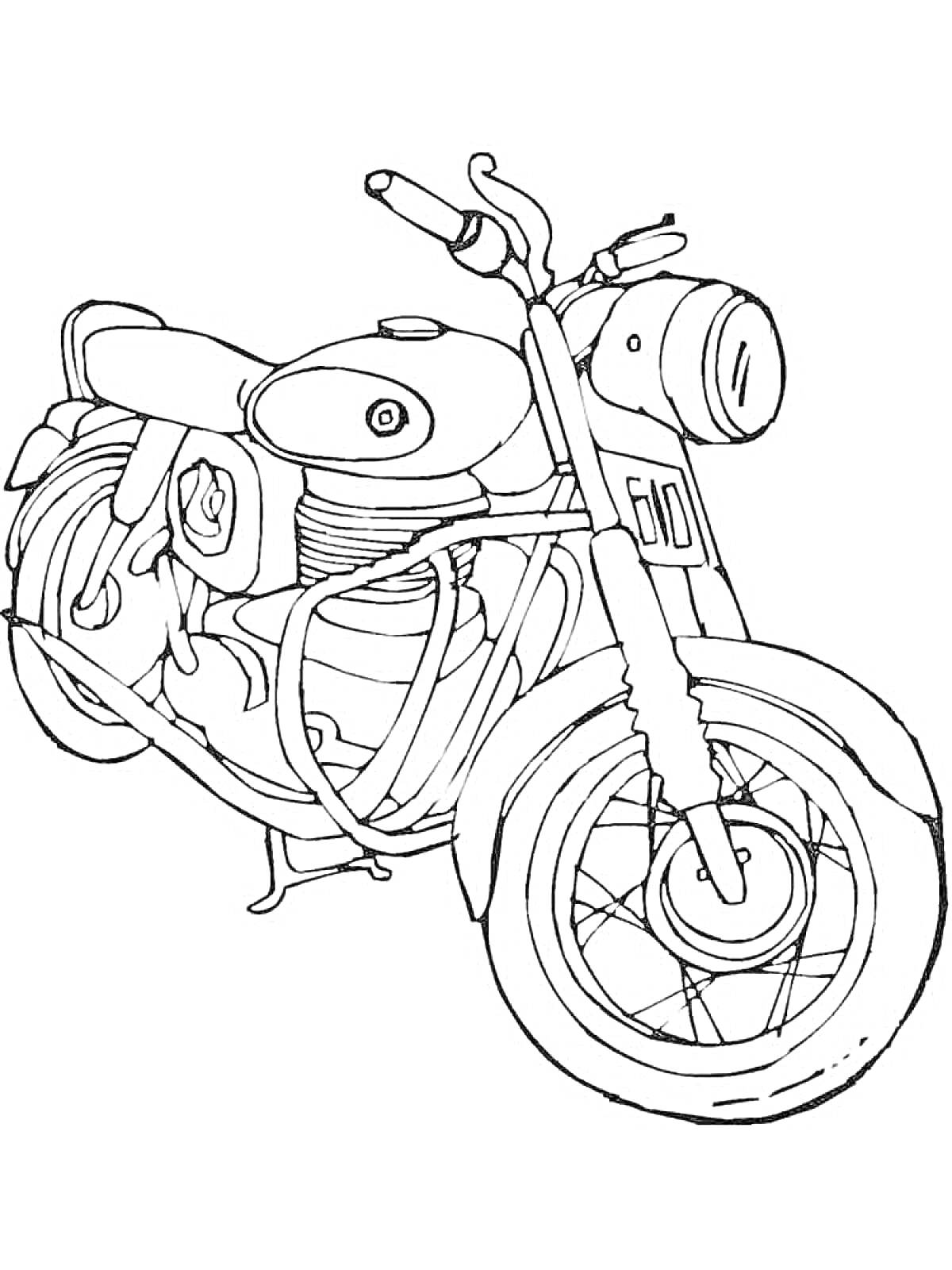 Раскраска Мотоцикл с рулем, колесами, фарой, пружинами и сиденьем