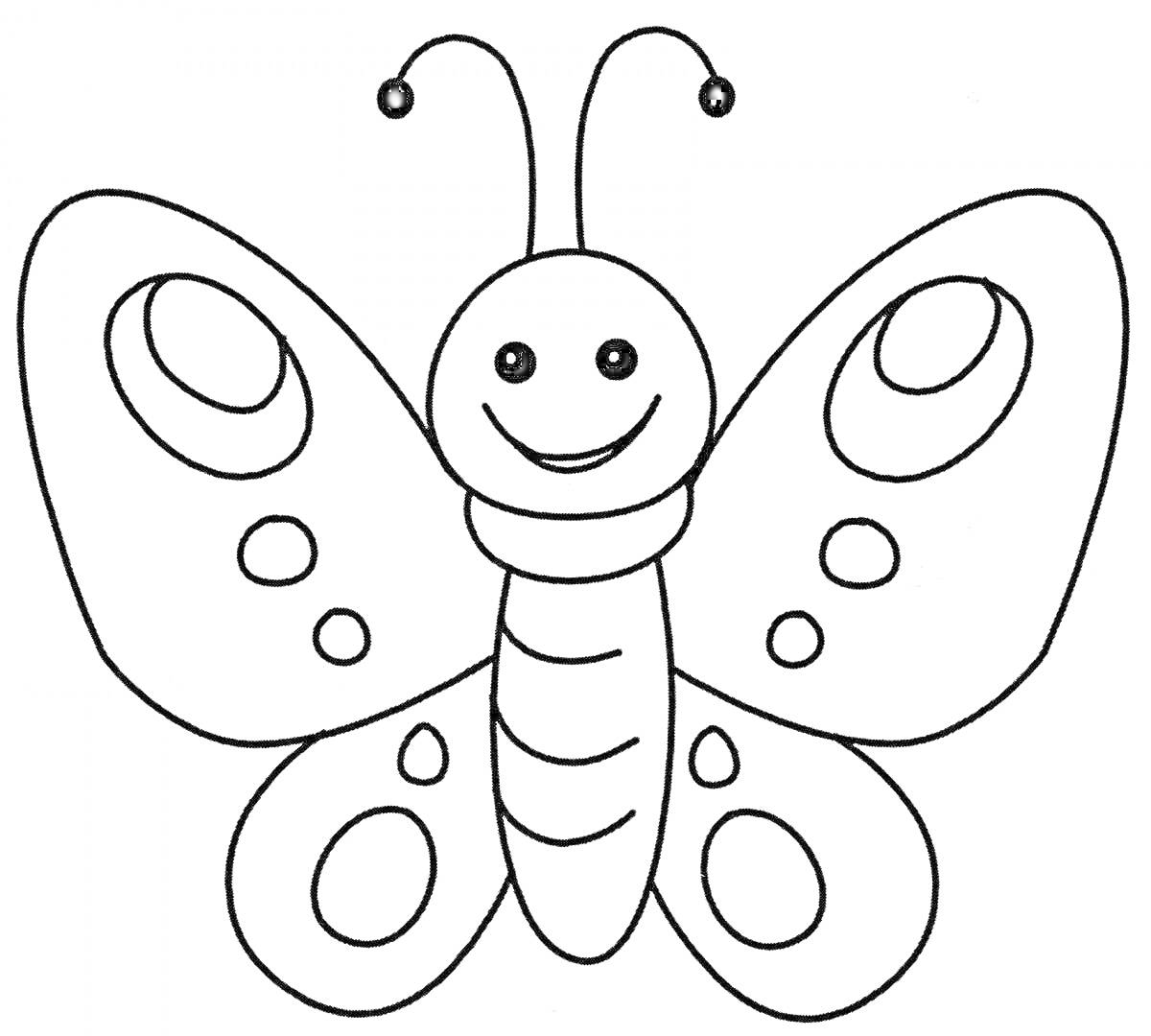 Раскраска Раскраска бабочка с узорами, антеннами и улыбающейся мордочкой