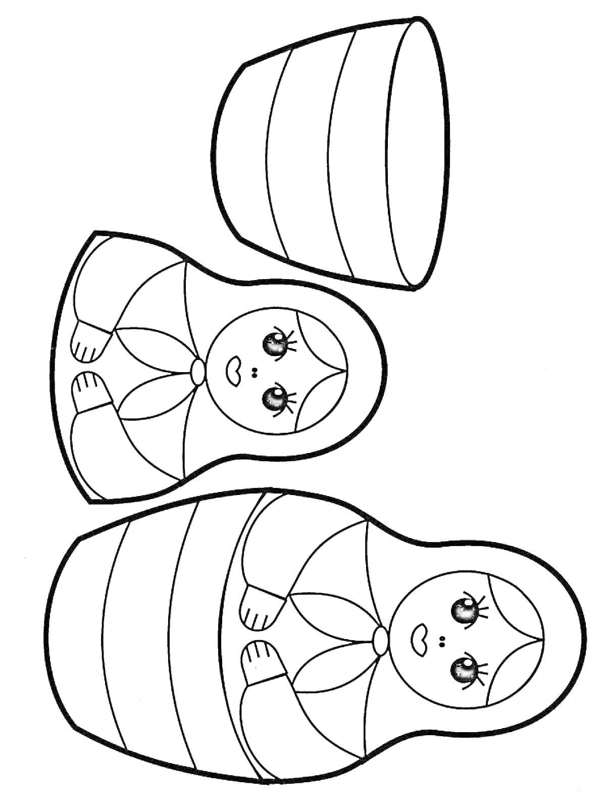 Раскраска Матрешки, две куклы и одна разъединенная наполовину верхняя часть