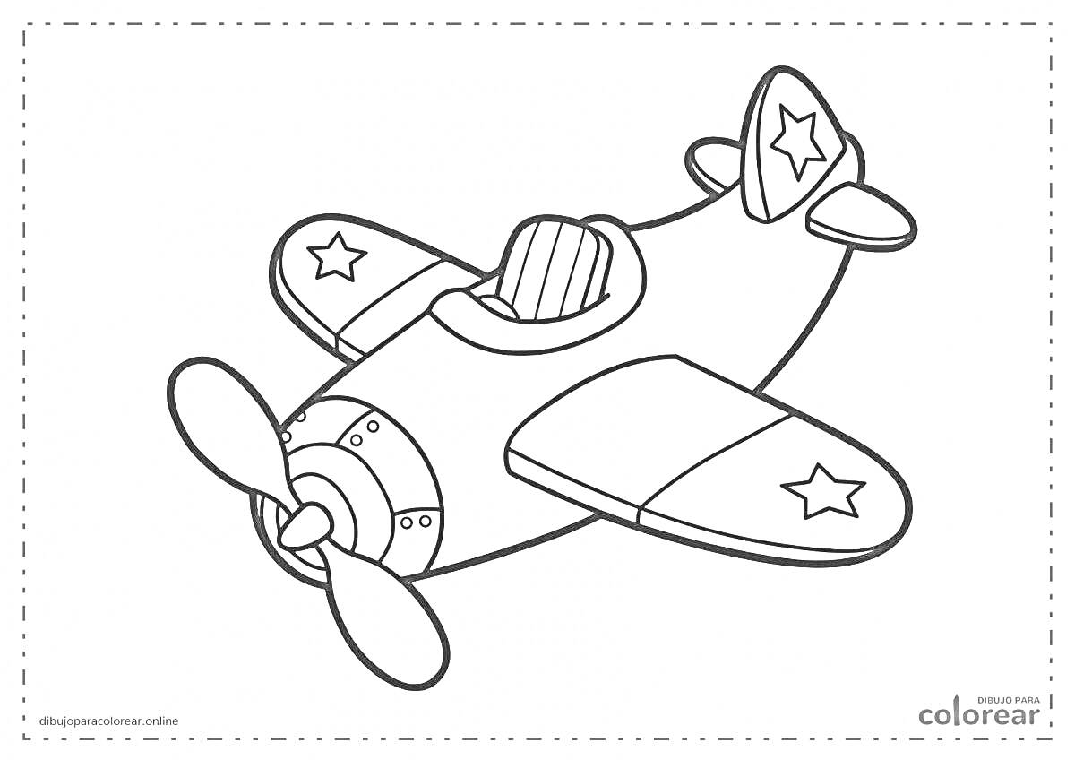 Раскраска Военный самолет с пропеллером и звездами на крыльях и хвосте