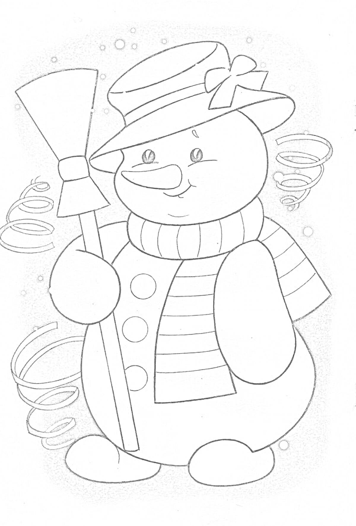 Раскраска снеговик с метлой, в шляпе и шарфе на фоне снежинок и завитков