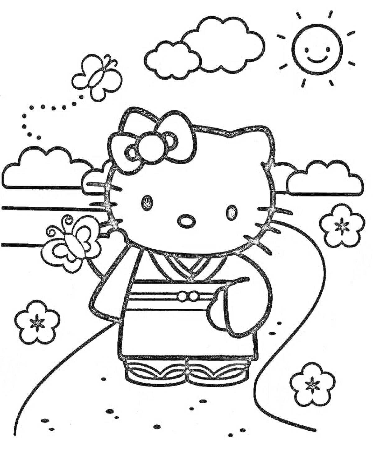 Раскраска Hello Kitty в кимоно на фоне природы с цветами, бабочками и улыбчивым солнцем