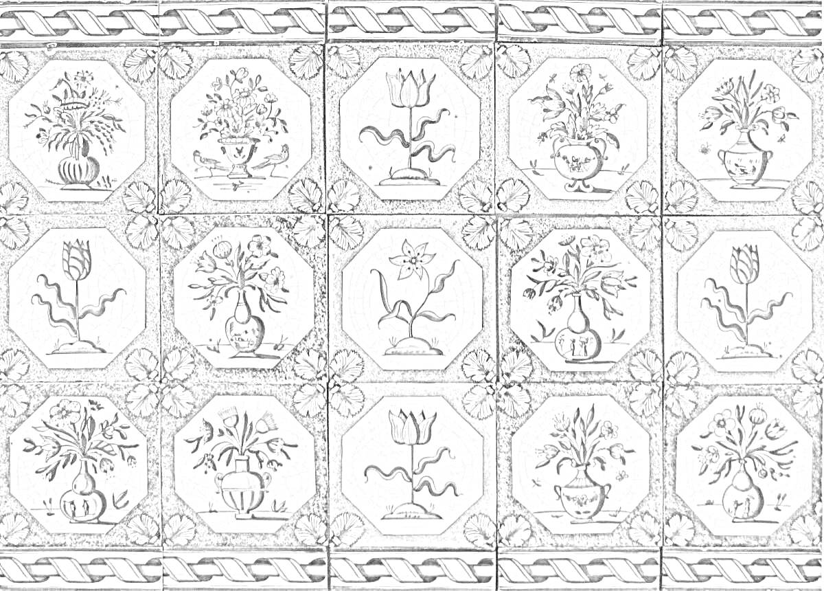Раскраска Росписная керамическая плитка с цветочными узорами