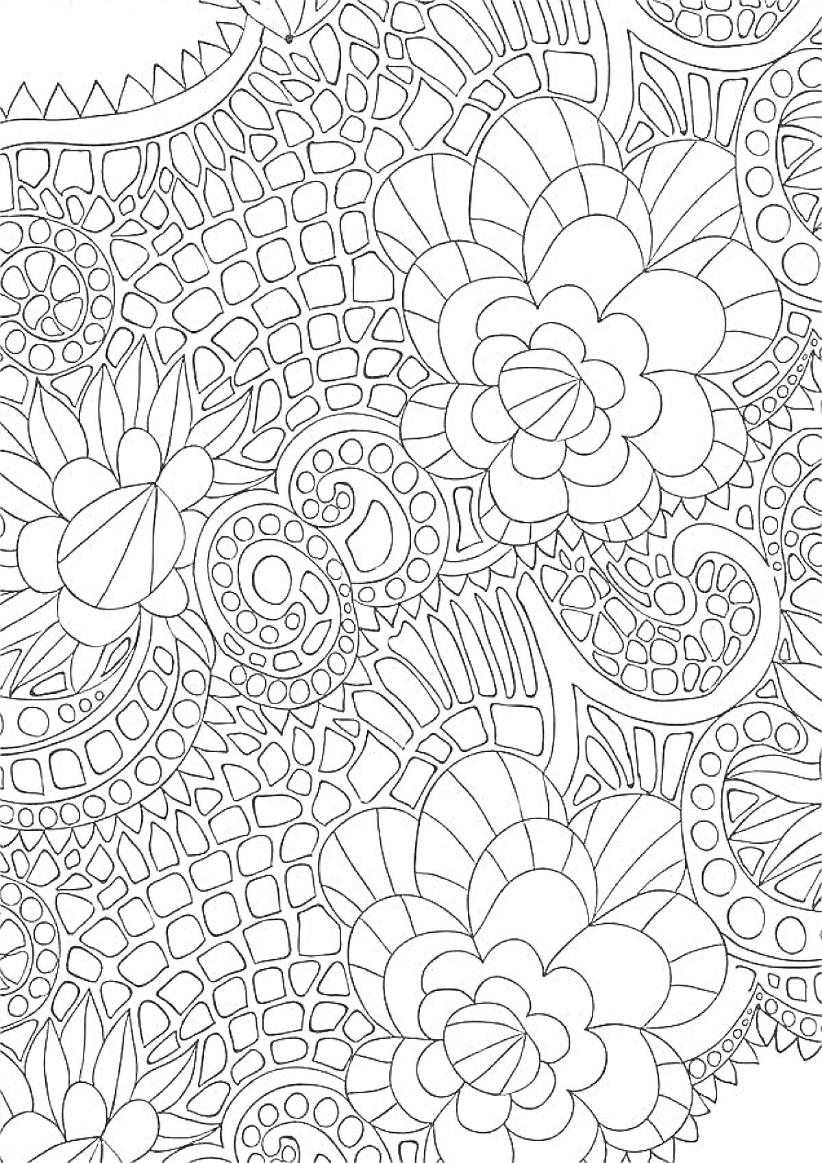 Раскраска Абстрактный узор с цветами и орнаментами