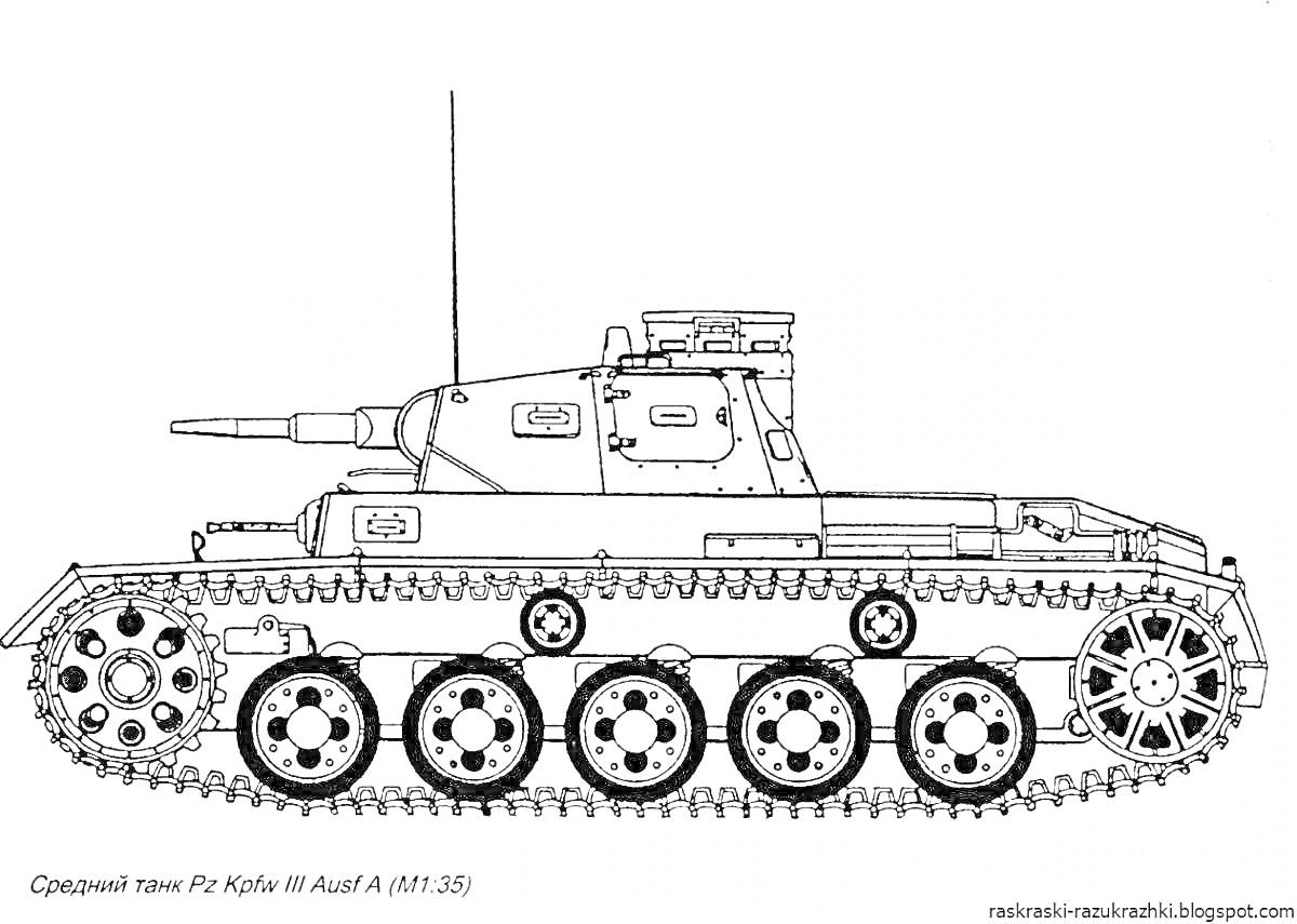 На раскраске изображено: Танк, Средний танк, Военная техника, Гусеницы, Оружие, Бронированная машина