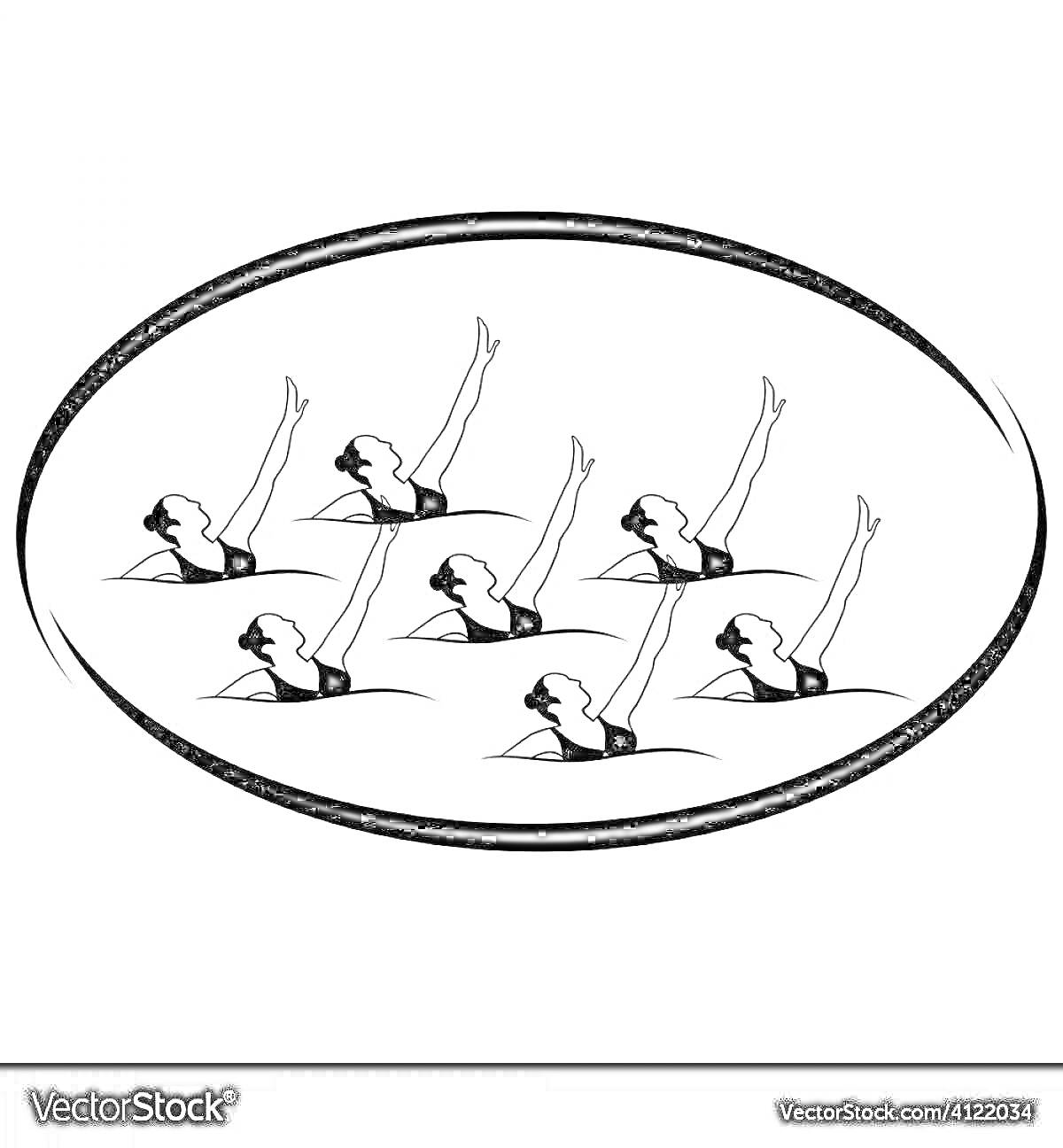 Раскраска Синхронное плавание: шесть пловчих, поднятых на спину, вытянутые руки, овальная рамка