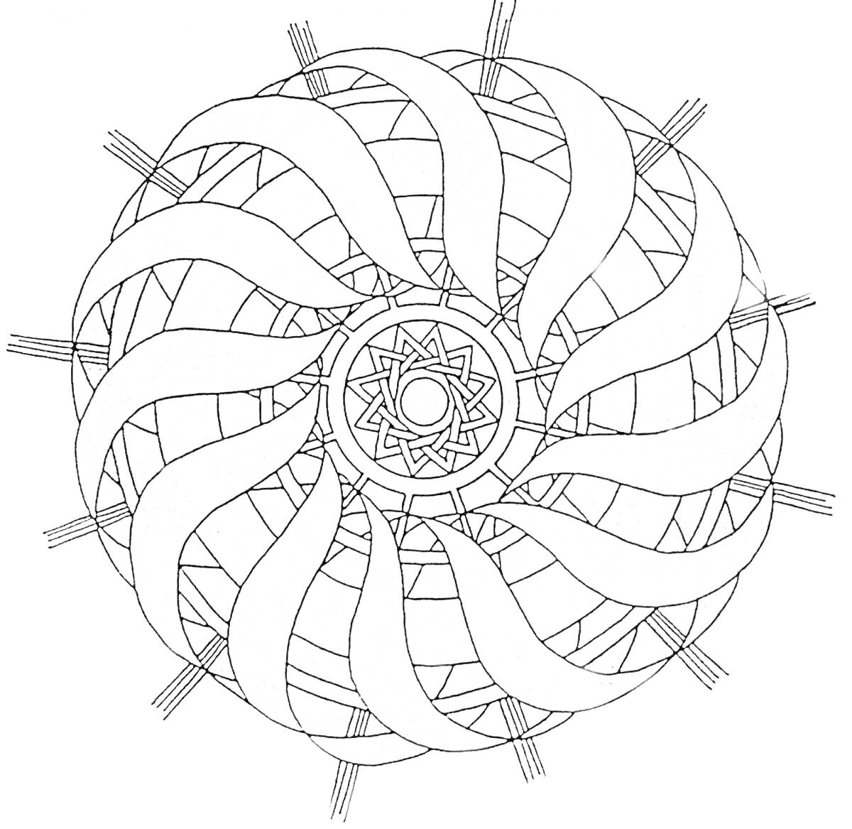 Раскраска Спиральный узор с решетчатыми элементами и центральной звездой